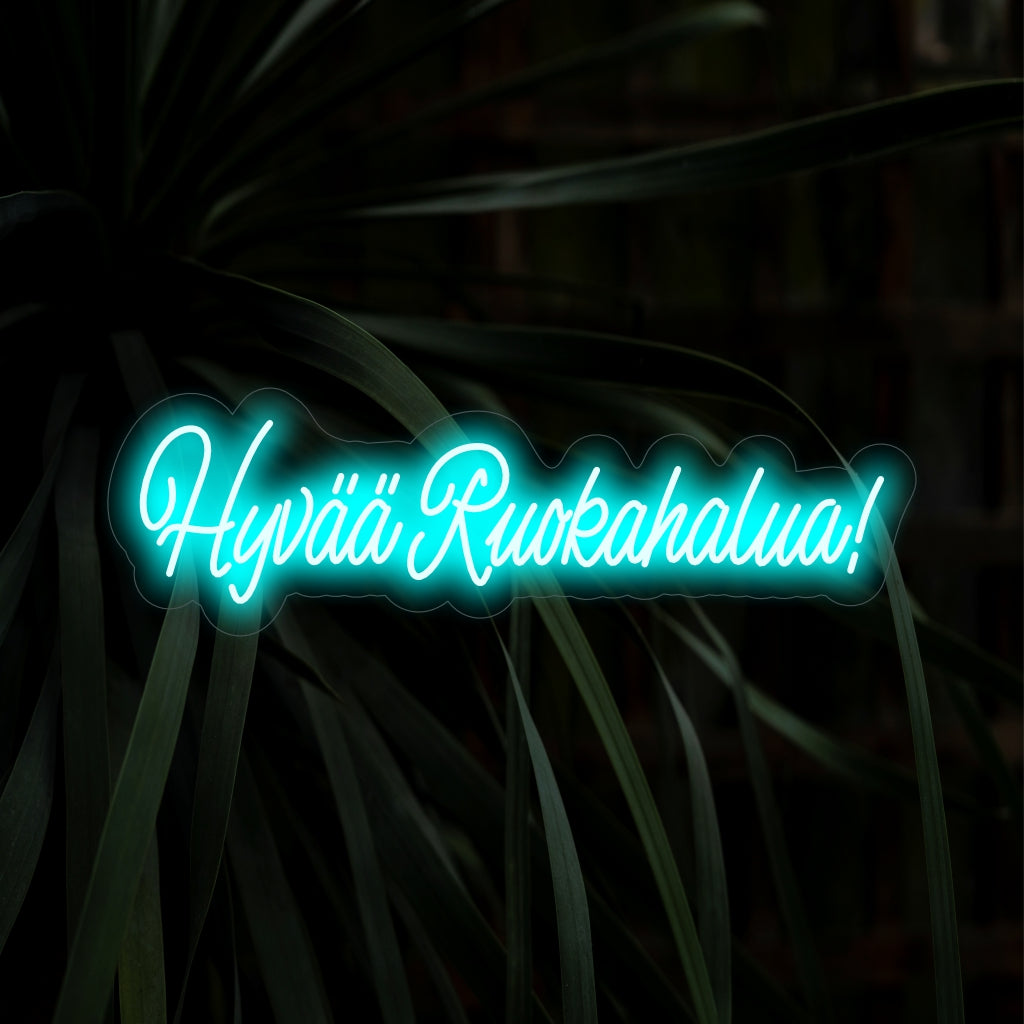 „Hyv���� Ruokahalua! Neonschild“ – Eine reizvolle Ergänzung für Essbereiche mit dem finnischen Spruch „Hyv���� Ruokahalua“, der für eine warme und einladende Atmosphäre sorgt und eine einladende Stimmung erzeugt.