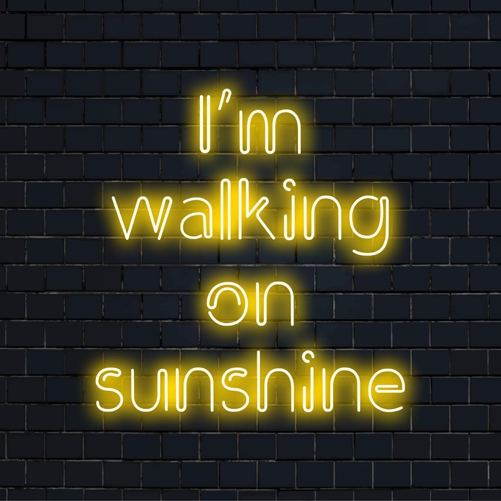 Maßgefertigtes LED-Neonschild mit der Aufschrift „I‘m Walking On Sunshine“, das lebendiges Umgebungslicht für die Inneneinrichtung ausstrahlt.