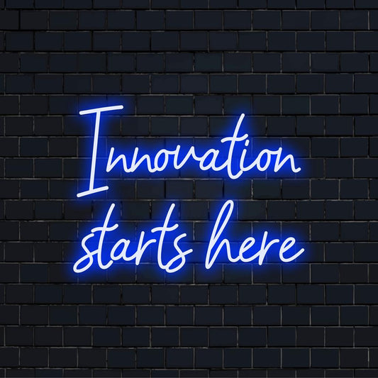 Custom LED neon sign featuring the phrase Innovation Stars Here, perfect for modern office decor or inspiration spaces.