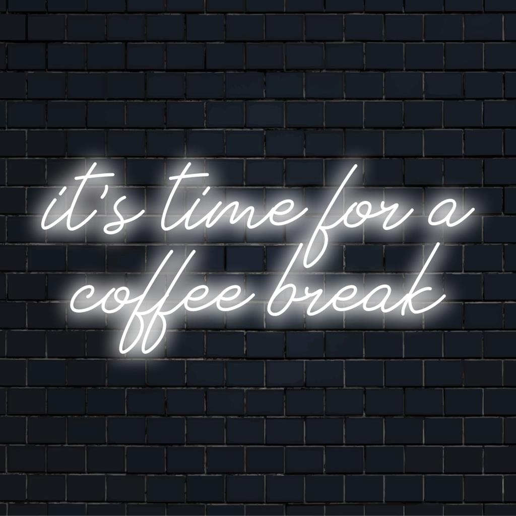 Custom LED neon sign reading It's Time For a Coffee Break ideal for cafe decor, adding a warm, inviting glow.