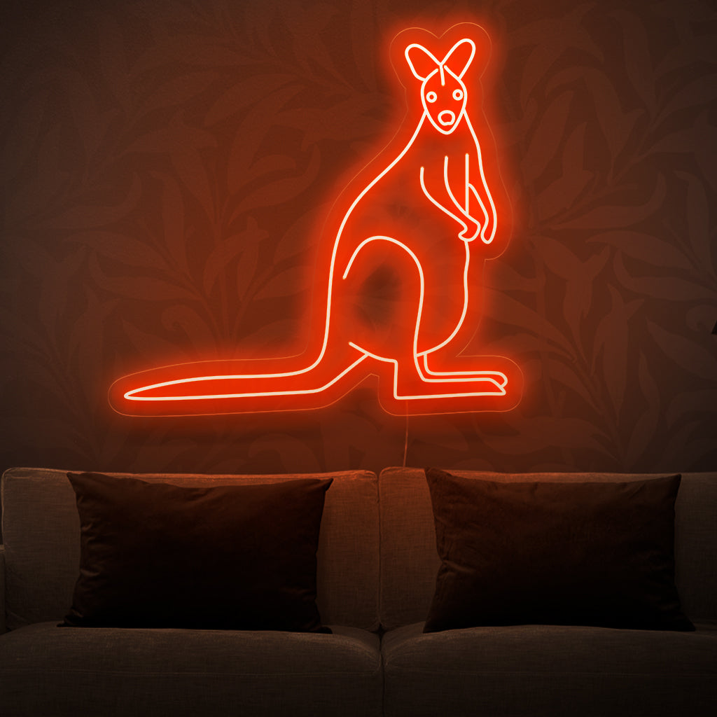 „Känguru-Neonschild“ – Verleihen Sie Ihrem Raum mit diesem Neonschild, das ein fröhliches Känguru in leuchtenden Farben zeigt, spielerische Energie. Perfekt für Räume, die Freude und Lebendigkeit ausstrahlen.