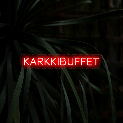 „Karkkibuffet Neon Sign“ – Verleihen Sie Ihrem Raum mit diesem entzückenden Neonschild eine süße Note. Es eignet sich perfekt zum Hervorheben von Süßigkeitenbuffets und Dessertecken. Verschönern Sie die Atmosphäre mit einem Hauch von süßem Charme.