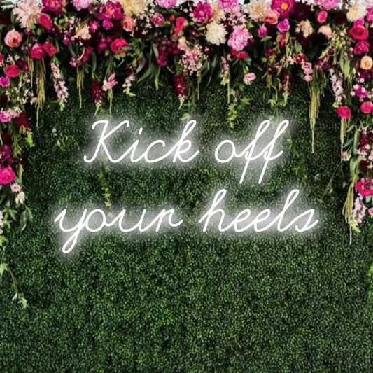 Custom LED neon sign reading Kick Off Your Heels, perfect for chic and personalized neon decor.