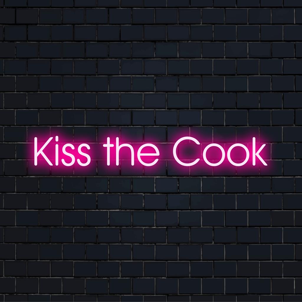 Custom LED neon sign reading Kiss The Cook, perfect for kitchen wall decor. Vibrant neon light adds a playful culinary touch.