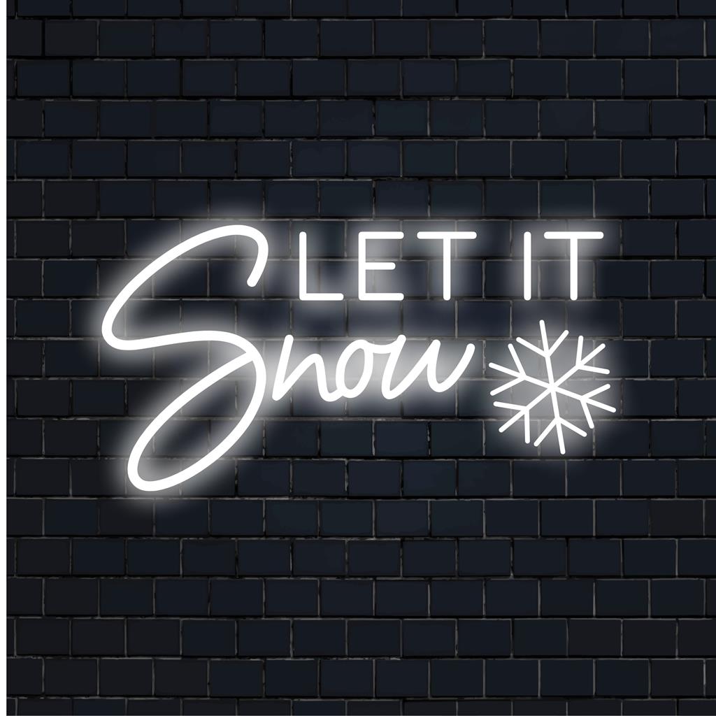 Let It Snow LED neon sign design featuring custom handmade bright white letters, perfect neon light decor for winter ambiance.