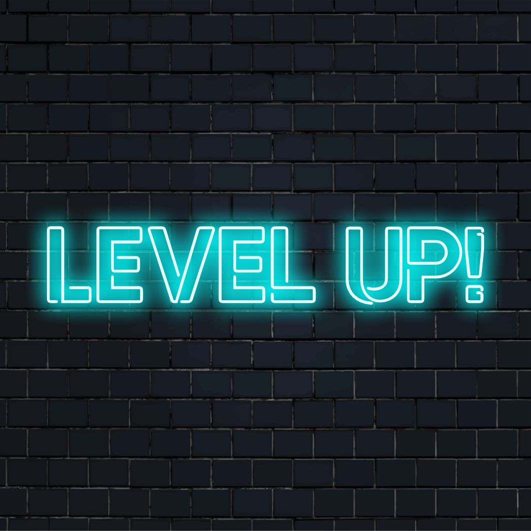 LED-Neonschild mit dem Text „Level Up!“, ideal für Gamer, mit lebendiger, individueller Neonkunst und personalisiertem Neonlichtdekor.