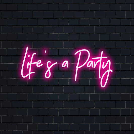 Custom LED neon sign with Life's A Party illuminated in vibrant colors, perfect for unique home or event decor.