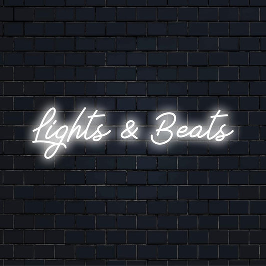 Vibrant and bespoke Lights And Beats LED neon sign, perfect for illuminating spaces. Custom-made neon light decor for any setting.