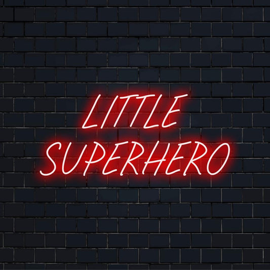 Neon light decor with bold Little Superhero text in LED, perfect for enhancing kids' room or play area atmosphere.