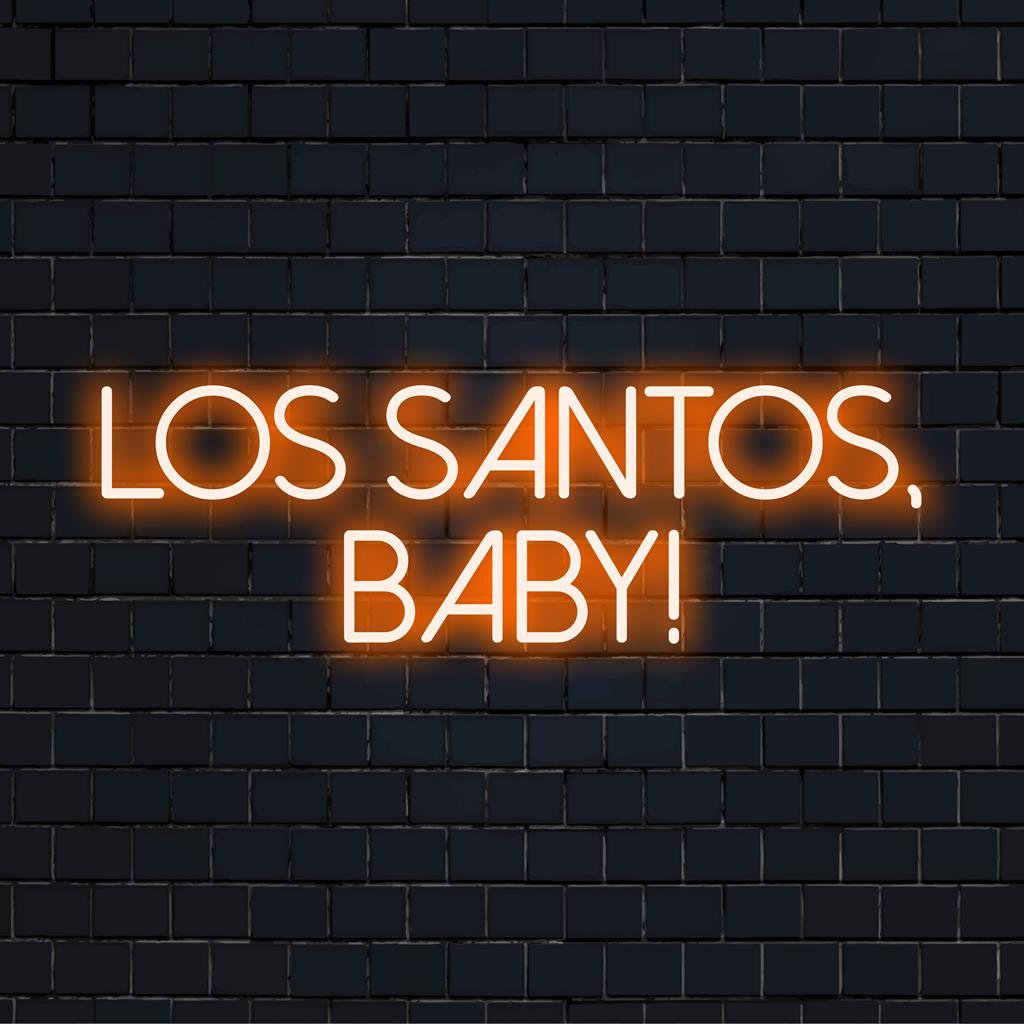 Vibrant LED neon sign with Los Santos, Baby! phrase; perfect for neon decor enthusiasts seeking unique lighting flair.