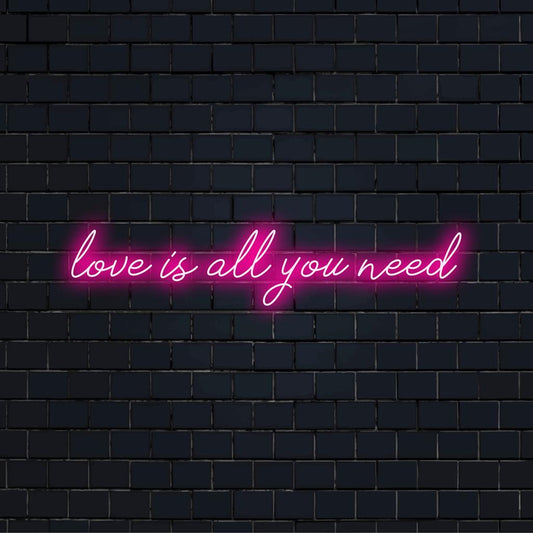 Custom Love Is All You Need neon sign in vibrant LED lights, perfect for personalized neon quote art decor.