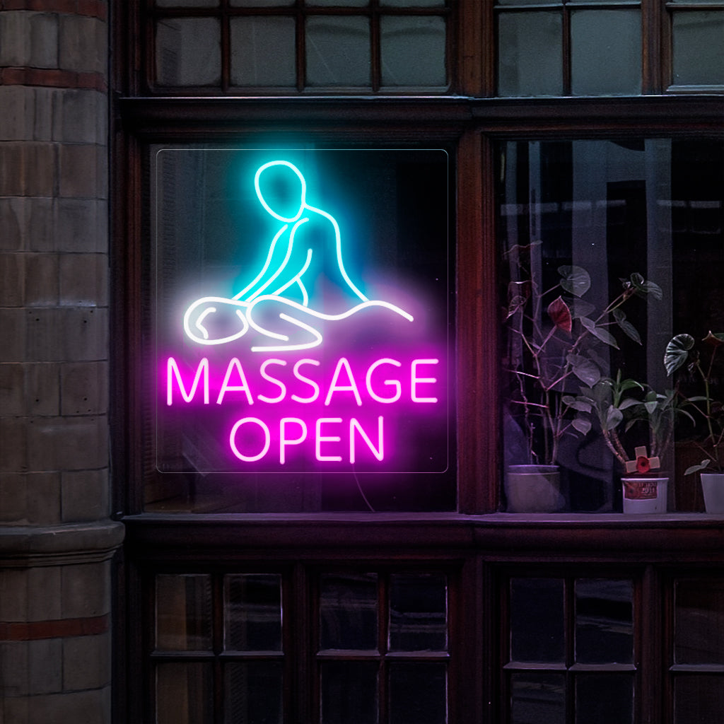 Das „Massage Open Neon Sign“ ist eine einladende und beruhigende Ergänzung, perfekt, um auf eine offene Massage oder einen Spa-Service hinzuweisen. Leuchten Sie mit Entspannung und Ruhe!