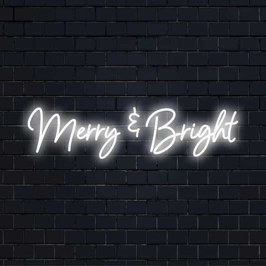 Festive 'Merry And Bright' LED neon sign, glowing holiday spirit; perfect neon wall art for home or event decor.