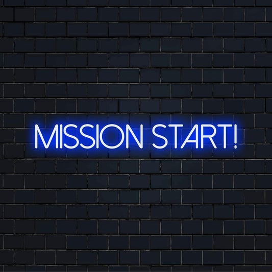 Individuelles LED-Neonschild mit der Aufschrift „Mission Start!“ in modernen, fetten Buchstaben; ideal für eine lebendige, personalisierte Neonwandästhetik.