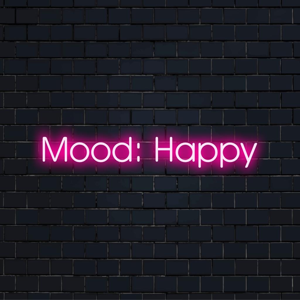 Custom-made LED neon sign displaying 'Mood Happy' in bright, vibrant colors, perfect for enhancing your space.