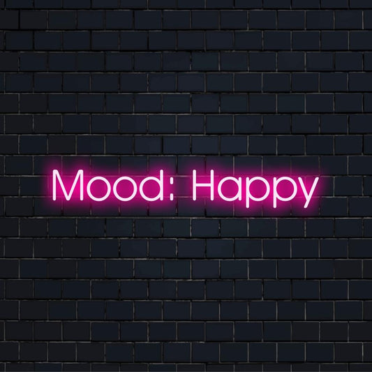 Maßgefertigtes LED-Neonschild mit der Aufschrift „Mood Happy“ in hellen, lebendigen Farben, perfekt zur Aufwertung Ihres Raums.