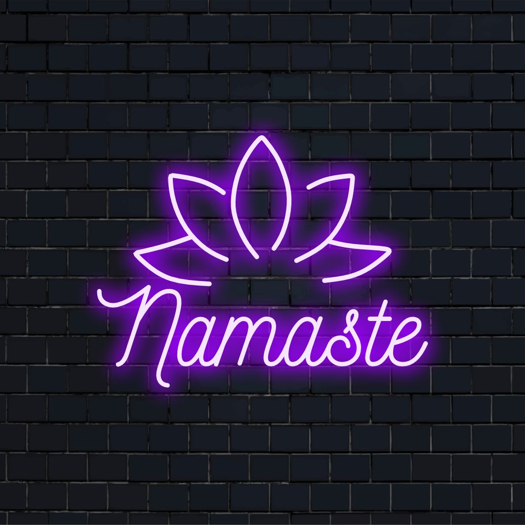 Custom LED neon sign reading Namaste in vibrant colors, perfect for zen spaces and spiritual decor.