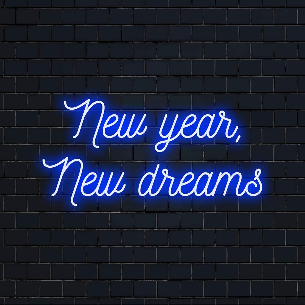 Vibrant custom LED neon sign, 'New Year, New Dreams,' perfect for adding a touch of optimism and modern decor to any space.