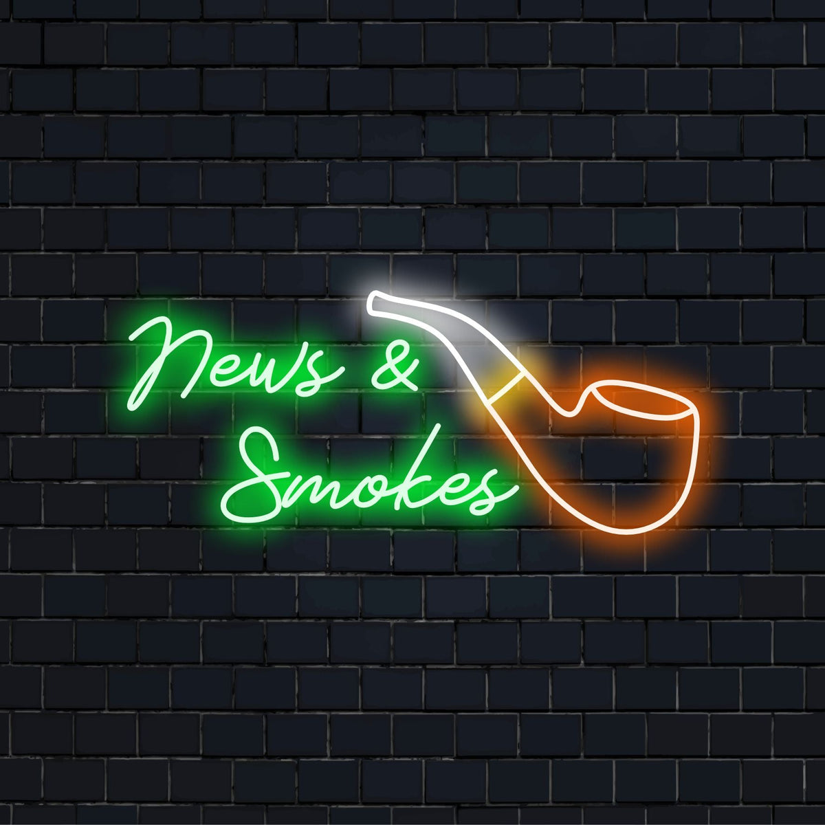 LED-Neonschild mit dem Text „News & Smokes 2“ in lebendigem Licht, das ein einzigartiges, maßgeschneidertes Neondesign für persönliches Flair bietet.