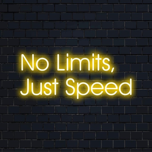 Vibrant LED neon wall art spelling 'No Limits, Just Speed' in bold, perfect for a dynamic and energetic space.