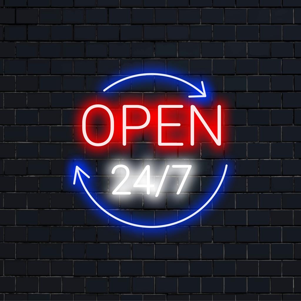 Neonschilder mit der Aufschrift „24/7 geöffnet“ in auffälligen LED-Lichtern, ein auffälliges Dekor für jeden Raum.