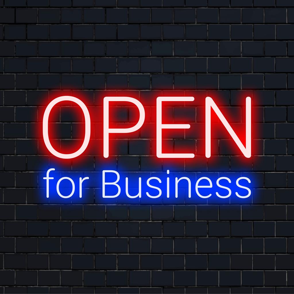 Neonschild „Open For Business“ in leuchtendem Pink, perfekt für Schaufenster; ein einladendes LED-Statementstück.