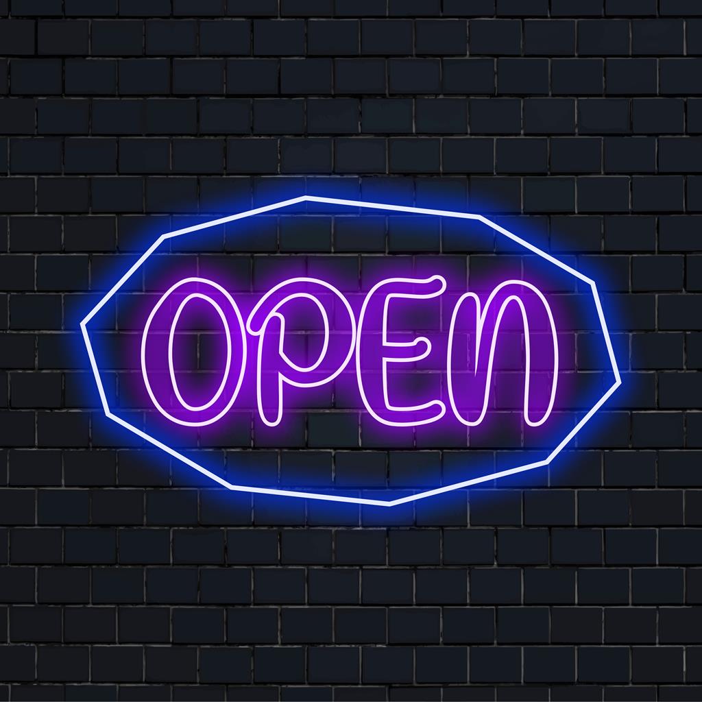 Leuchtendes, individuelles LED-Neonschild mit der Aufschrift „Open“; perfekt für ein einzigartiges Geschäftsschild oder als Neondekor für Zuhause.