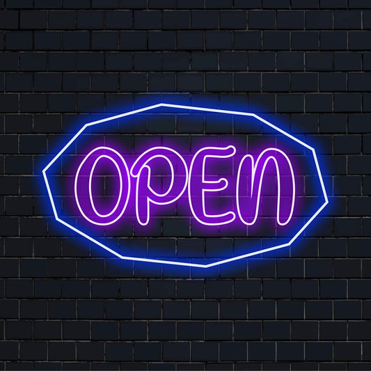 Vibrant custom LED neon sign spelling Open; perfect for unique business sign or home neon decor.