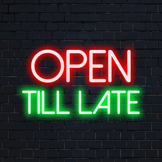 LED neon sign featuring Open Till Late design; perfect for businesses. Ideal custom LED decor for any late-night space.