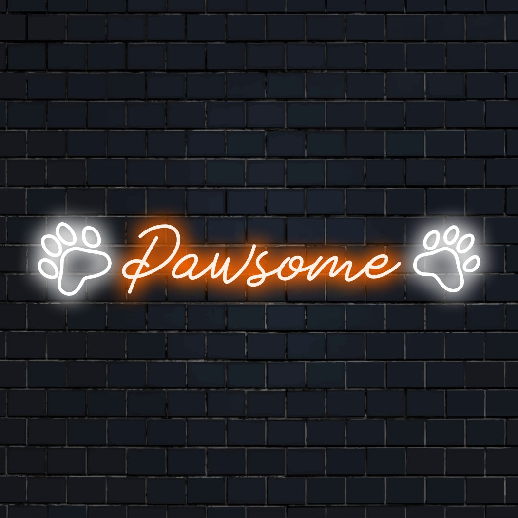Individuelles LED-Neonschild mit dem Titel „Pawsome“, gestaltet für Tierliebhaber; mit leuchtenden Neonfarben und Pfotendesign.