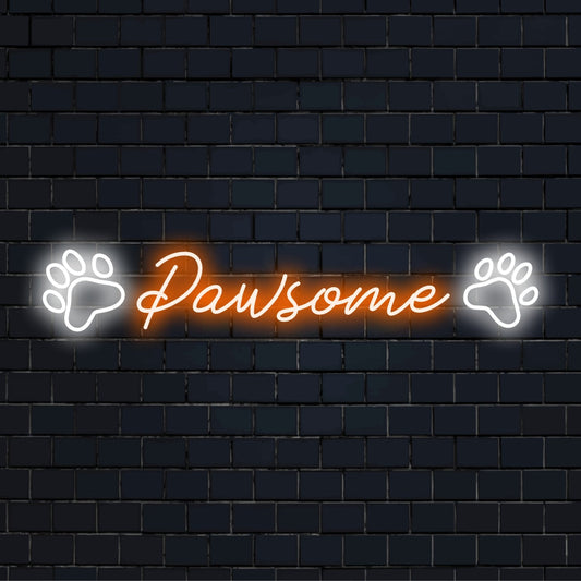 Individuelles LED-Neonschild mit dem Titel „Pawsome“, gestaltet für Tierliebhaber; mit leuchtenden Neonfarben und Pfotendesign.