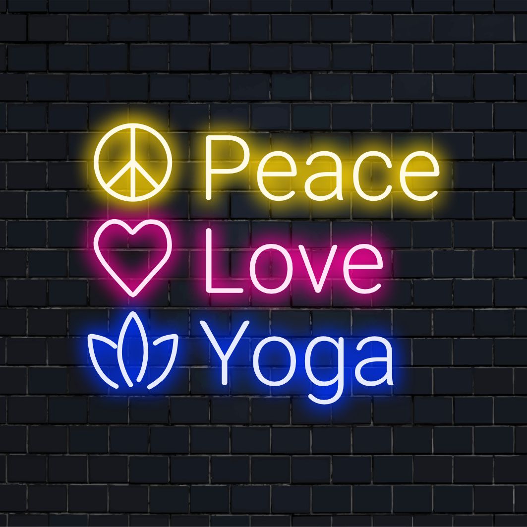 Vibrant custom LED neon sign displaying 'Peace, Love, Yoga' with radiant glow; perfect for your zen space.