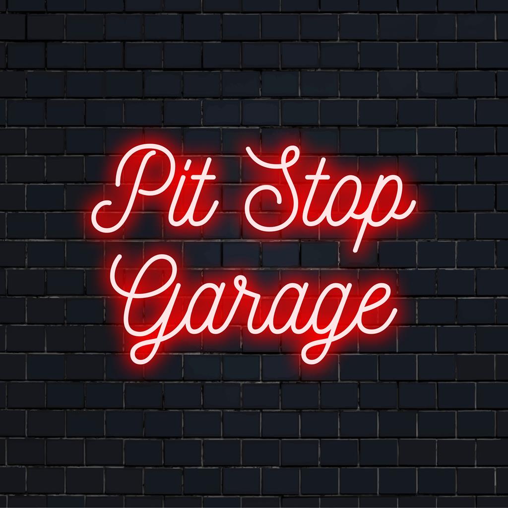 Custom-made LED neon sign reading Pit Stop Garage, suitable for vibrant spaces, adding a unique, energetic glow.