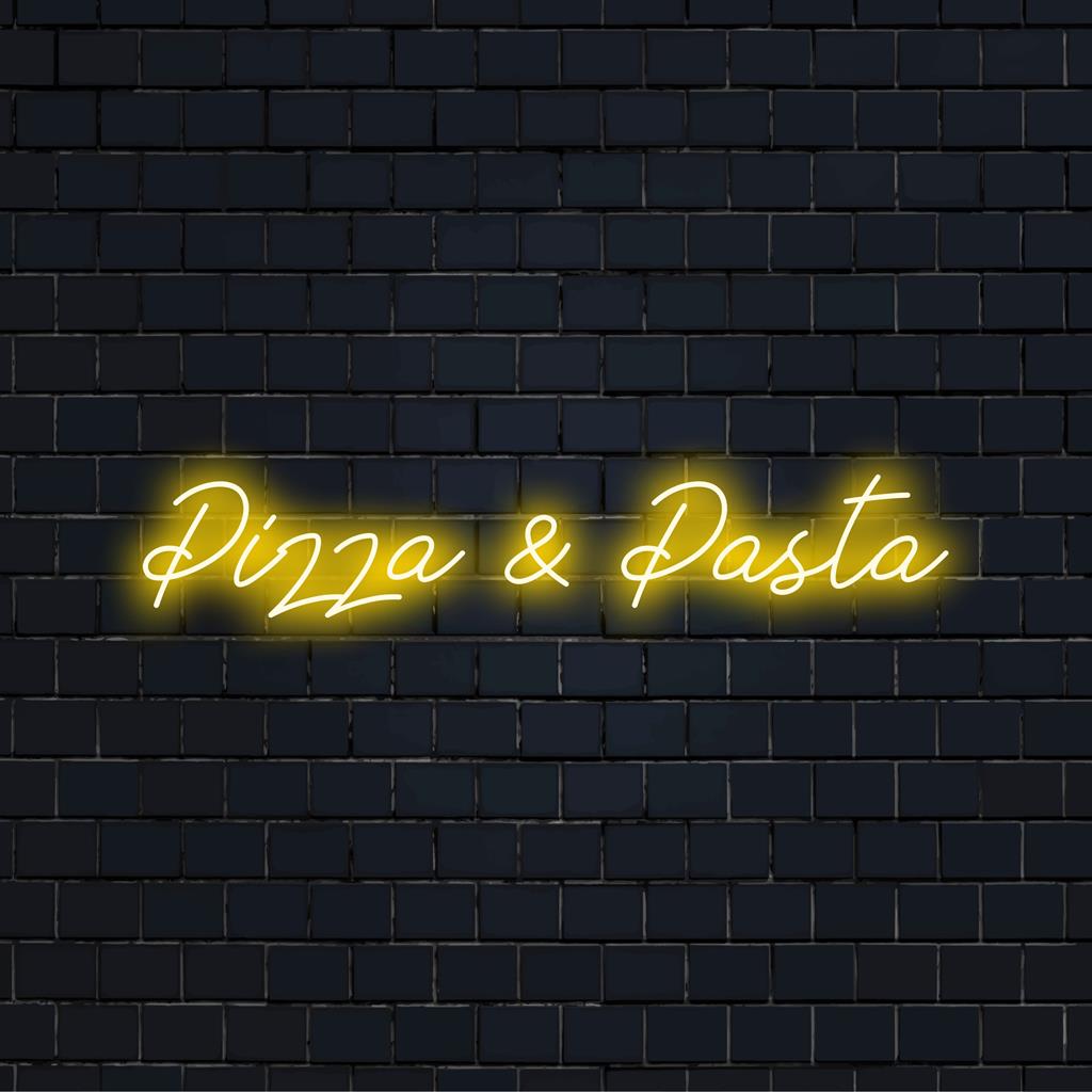 Leuchtendes Neonschild mit gekreuztem Pizzastück und Pastagabel, perfektes individuelles LED-Design für die Einrichtung von Feinschmeckern.