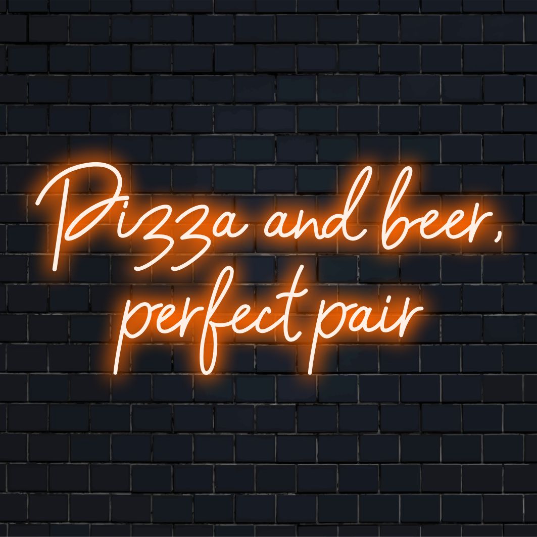 Cheery neon depiction of pizza and beer, perfect combo illuminated as neon wall art, ideal for lively decor spaces.