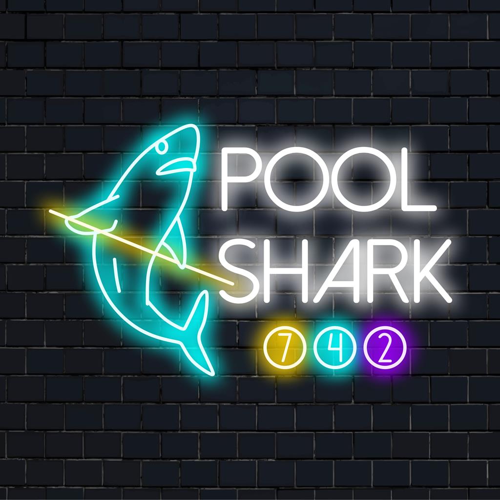 Custom LED neon sign featuring a playful pool shark design, perfect for unique neon wall art and decor.