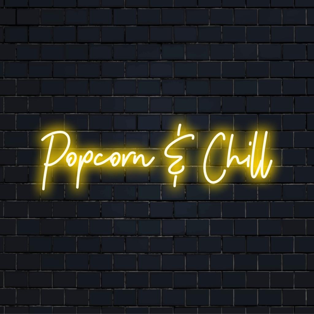 Popcorn Chill neon sign; custom LED decor for cinemas or lounges, featuring playful popcorn and script design in warm hues.