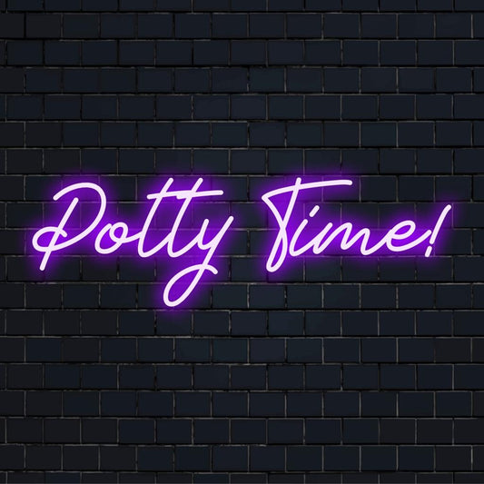 Vibrant custom LED neon sign spelling Potty Time, ideal for playful bathroom decor, blending humor and modern neon art.