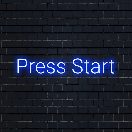 Leuchtendes, individuell angefertigtes LED-Neonschild mit dem Satz „Press Start“; perfekt, um jedem Raum eine Retro-Gaming-Atmosphäre zu verleihen.
