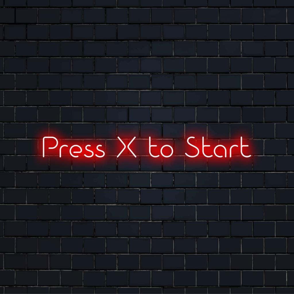 Individuelles LED-Neonschild mit „Press X to Start“-Design, mit lebendiger Neonkunst für eine einzigartige Innendekoration.