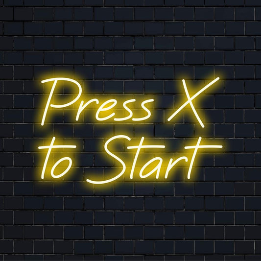 Vibrant custom LED neon sign displaying Press X To Start, perfect for gaming enthusiasts' decor and unique wall light.