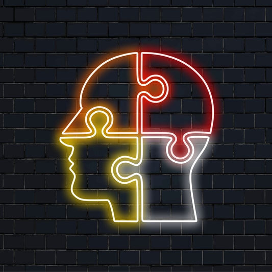 „Puzzle Head Neon Sign“ ist eine zum Nachdenken anregende Ergänzung für Räume, die die Komplexität des menschlichen Geistes würdigen. Erleuchten Sie mit der Essenz von Neugier und Intellekt!