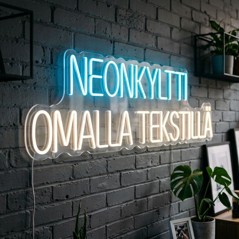LED-valokyltti tekstillä "Oma valokyltti"