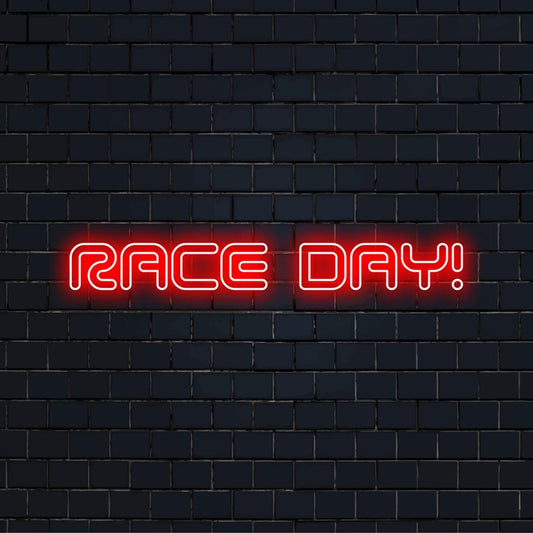 LED-Neonschild mit der Aufschrift „Race Day!“ in leuchtenden Farben, perfekte personalisierte Dekoration für Motorsport-Enthusiasten und -Events.