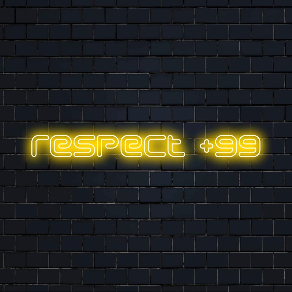 Vibrant custom LED neon sign with 'Respect +99' phrase, perfect as unique neon wall art or bespoke decor piece.