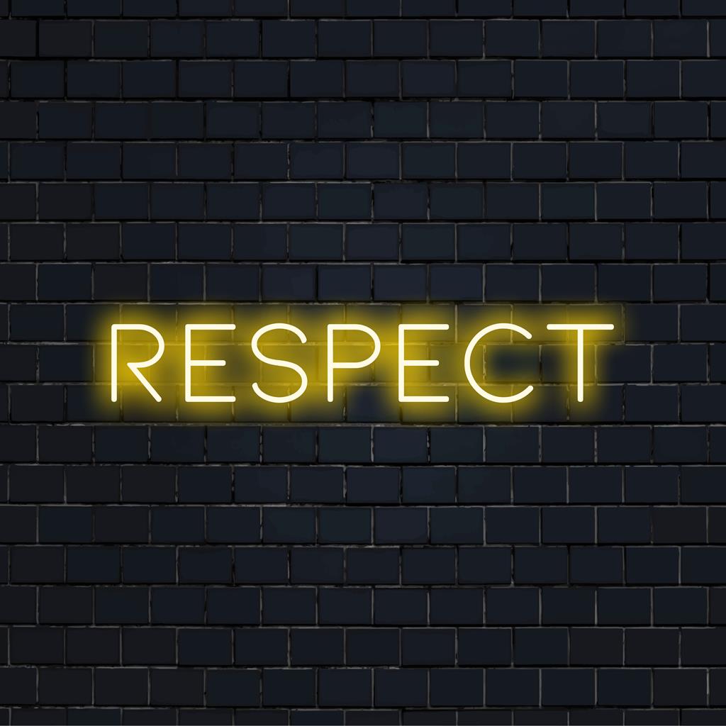 Vibrant Respect LED neon sign glowing brightly; perfect for chic interior decor and eye-catching wall art elegance.