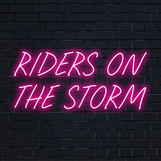 LED neon sign with the text Riders on the Storm, blending style and ambiance, ideal as custom LED wall art decor.