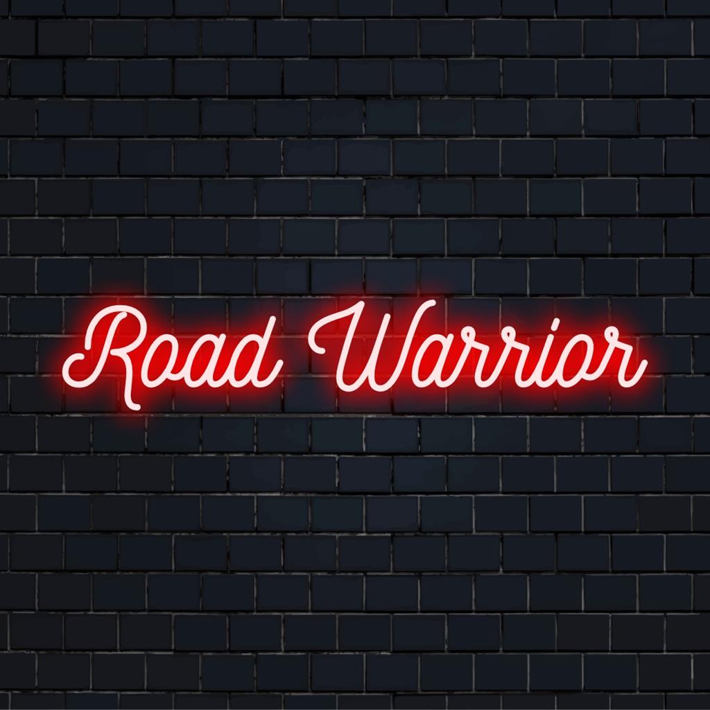 Custom LED neon sign with the text Road Warrior in bold, sleek lettering. Perfect for unique neon wall decor.