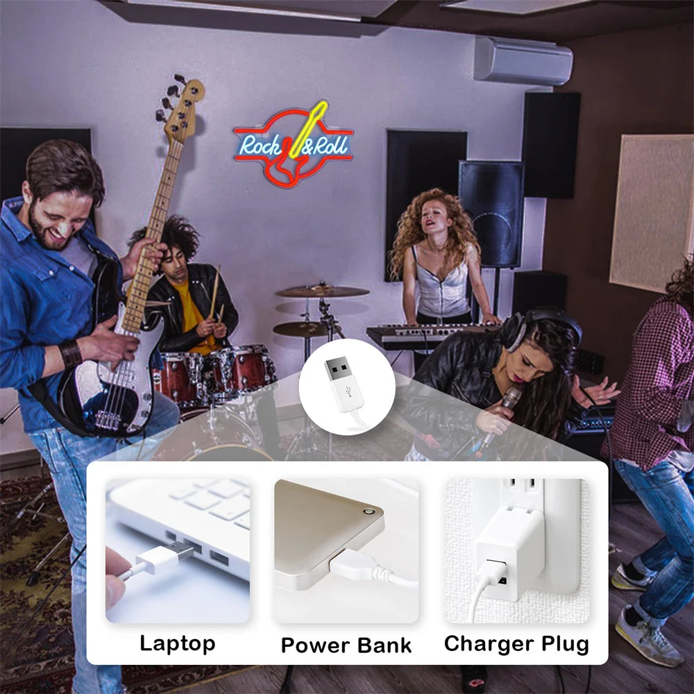 Guitar Rock & Roll 5V USB LED Neon Sign - Budget Friendly