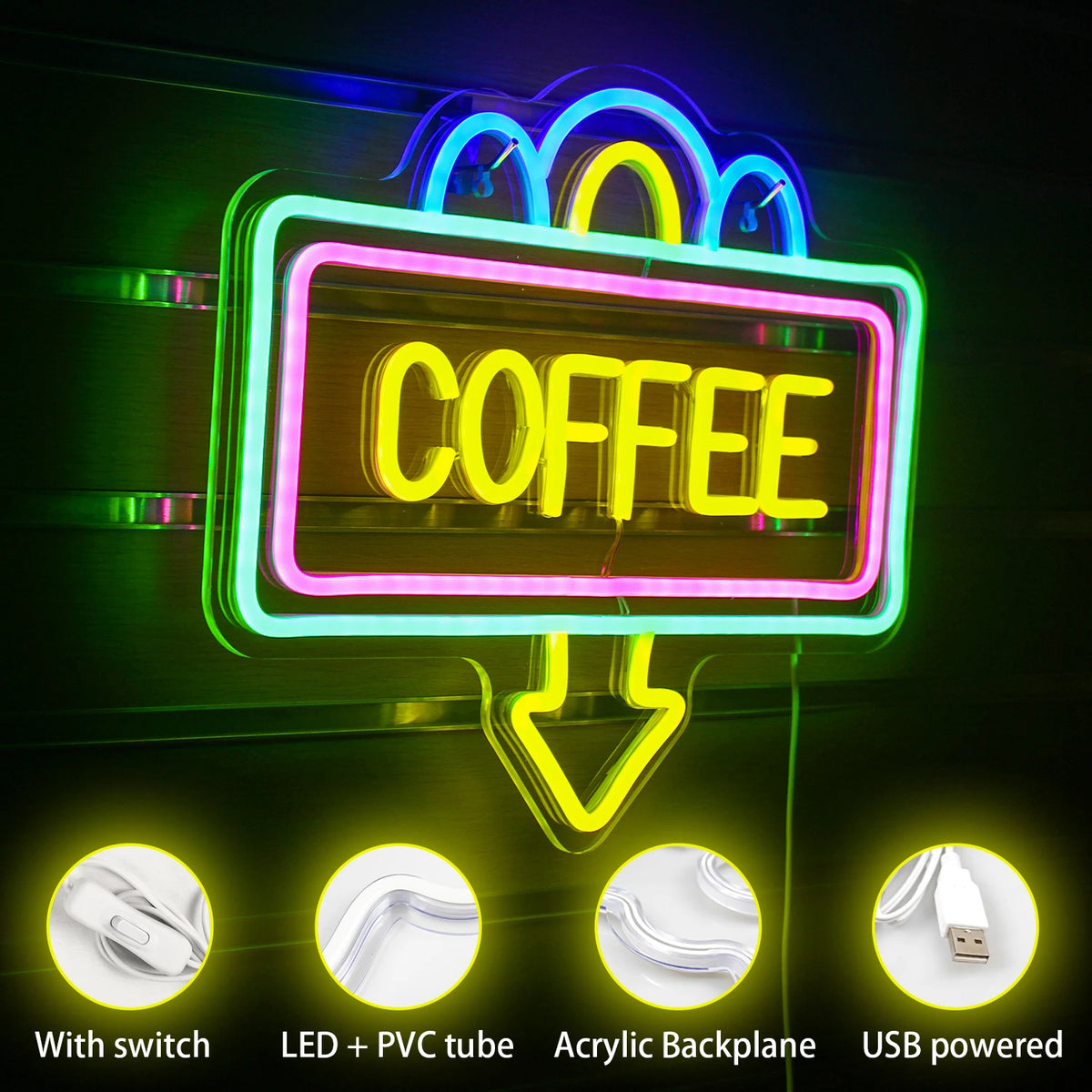 COFFEE – Rechteckiger Rahmen und Pfeil nach unten – LED-Leuchtschild (5 V USB)